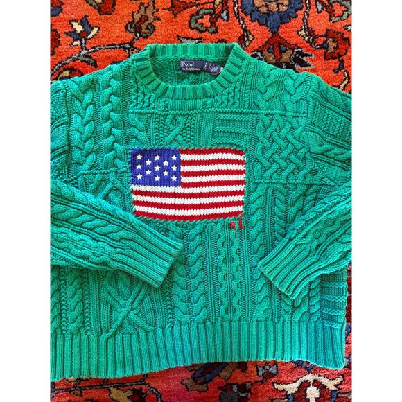 Polo by Ralph Lauren Sweaters - Polo Ralph Lauren Cable Knit American USA lag Sweater Flag jeans Small Green